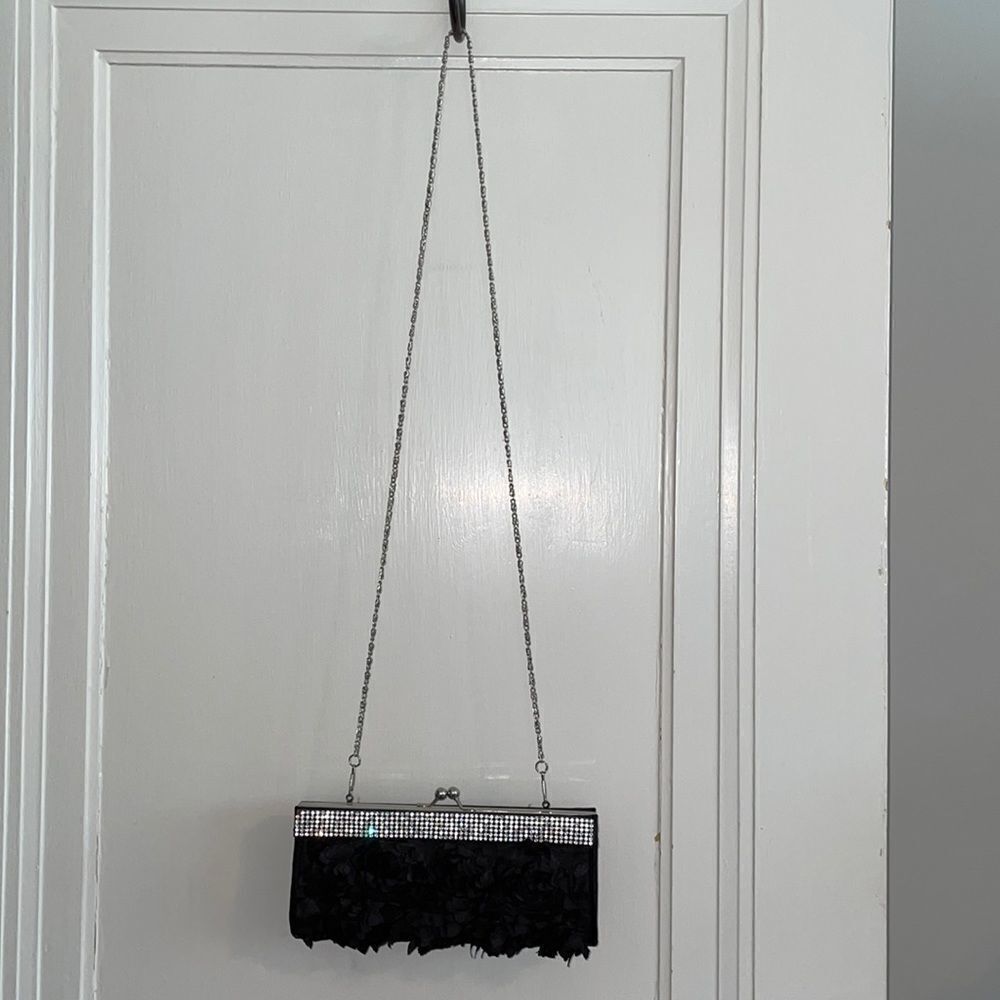 Black‎ satin & silver rhinestones evening crossbody purse